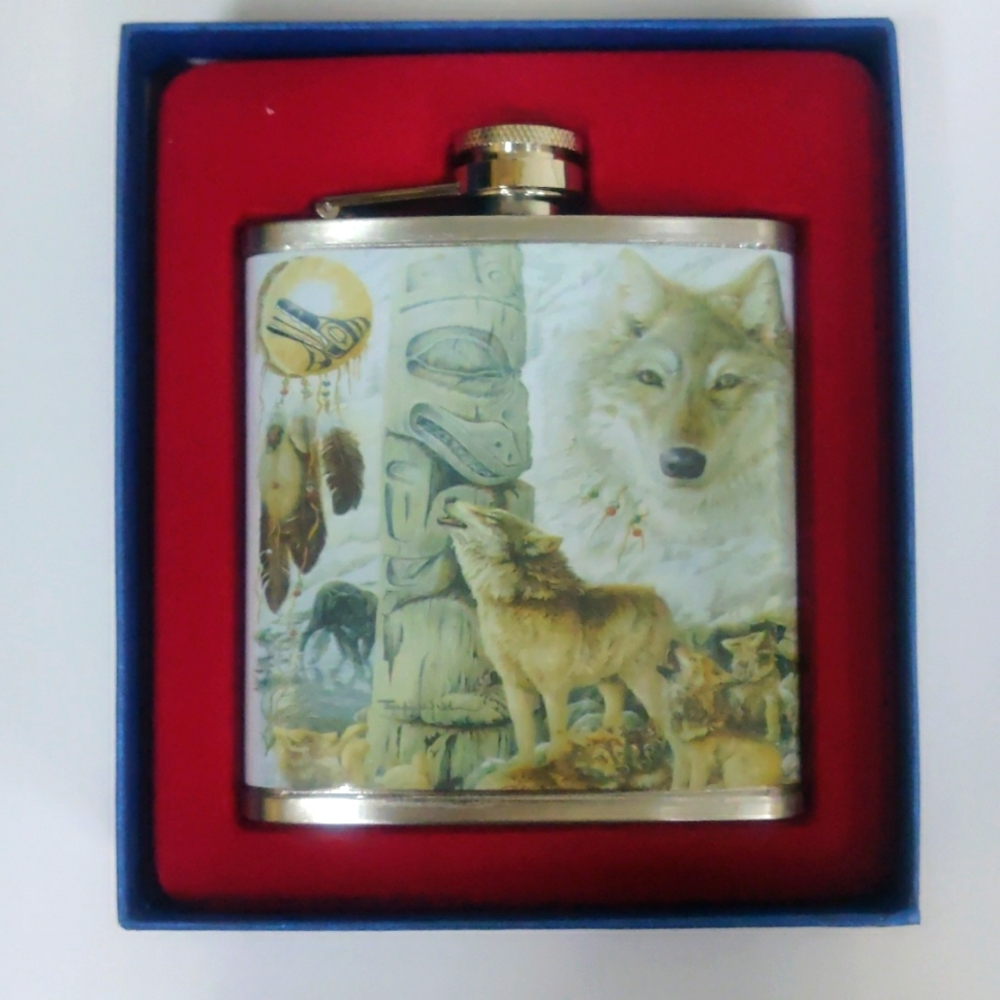 Wolf design Hip Flask 6oz Stainless Steel